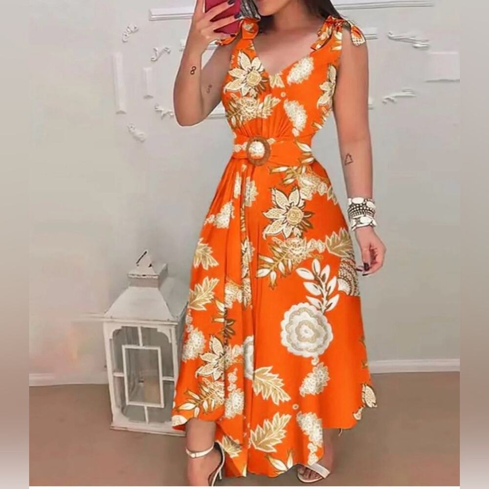 Chicme Belted Maxi Dress Womens XL Orange Floral Lightweight Resort Vacation